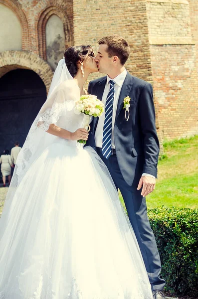 Groom Bride Kissing Bright Sunlight — Fotografia de Stock
