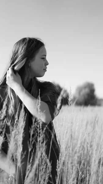 美しくセクシーな女の子歩くと上の牧草地で晴れた日 — ストック写真