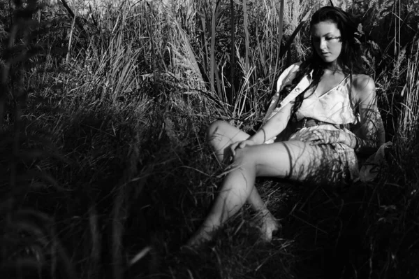 Vintage photo of a girl / sepia, black and white portrait of a beautiful young woman, happiness summer — Stock Photo, Image