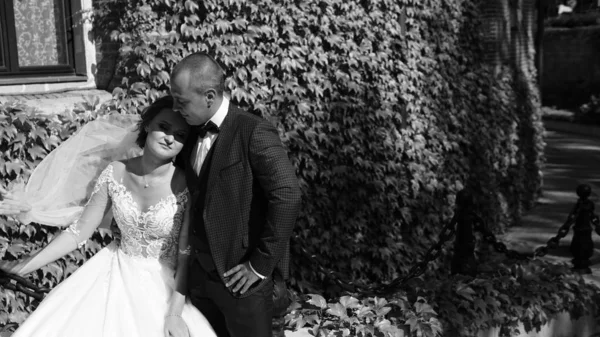 花嫁と新郎離れて夏の公園で屋外の結婚式の散歩を歩くと、典型的なウクライナの結婚式リヴィウ19.09.19 — ストック写真