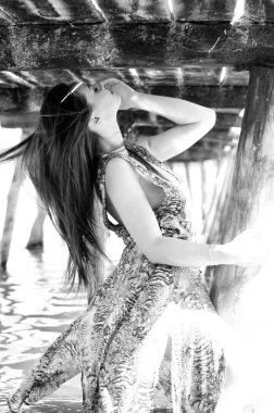 Gölün oradaki tahta iskelede poz veren siyah saçlı kadın. Sırtı Neusiedl Gölü 'nün tahta yaya köprüsüne dönmüş bir kadın. Arka plandaki kayıkhanede güneş yansımaları