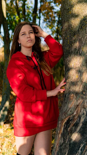 Increíble chica impresionante en un vestido rojo. El fondo es fantástico otoño. Fotografía artística . —  Fotos de Stock