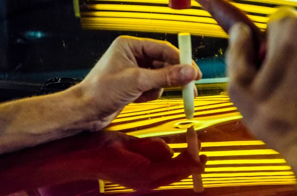Close Shot Male Hands Repairing Car — стоковое фото
