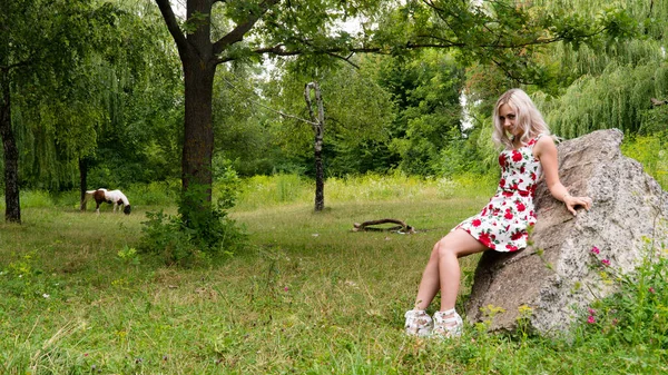 Sexy Blondynka Kobieta Lato Sukienka Natura — Zdjęcie stockowe