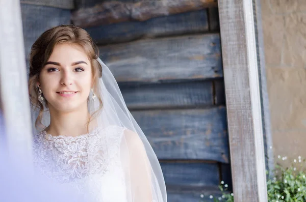 Beautiful Wedding Couple Long Hair White Dress Background Wooden Window — стоковое фото