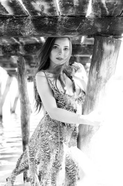 Gölün oradaki tahta iskelede poz veren siyah saçlı kadın. Sırtı Neusiedl Gölü 'nün tahta yaya köprüsüne dönmüş bir kadın. Arka plandaki kayıkhanede güneş yansımaları