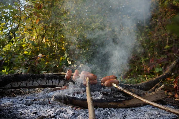 Salsicha em um espeto assar no fogo . — Fotografia de Stock