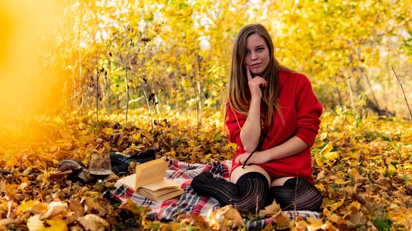 Increíble chica impresionante en un vestido rojo. El fondo es fantástico otoño. Fotografía artística . — Foto de Stock