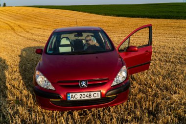 Güzel seksi sarışın kadın, kırmızı araba, tarla