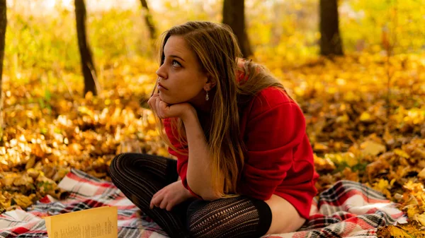 Incredibile splendida ragazza in un abito rosso. Lo sfondo è fantastico autunno. Fotografia artistica . — Foto Stock