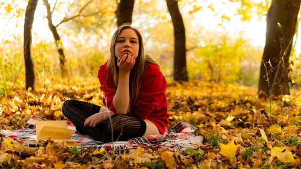 Incroyable fille étonnante dans une robe rouge. L'arrière-plan est fantastique automne. Photographie artistique . — Photo