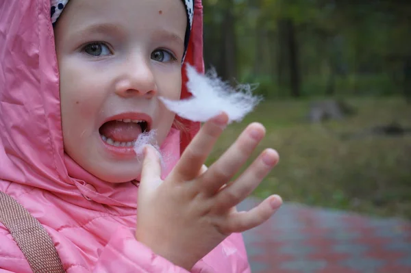 Portrait Little Girl Eating Cotton Candy — стоковое фото