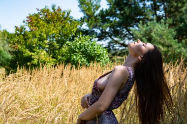 Gölün oradaki tahta iskelede poz veren siyah saçlı kadın. Sırtı Neusiedl Gölü 'nün tahta yaya köprüsüne dönmüş bir kadın. Arka plandaki kayıkhanede güneş yansımaları.