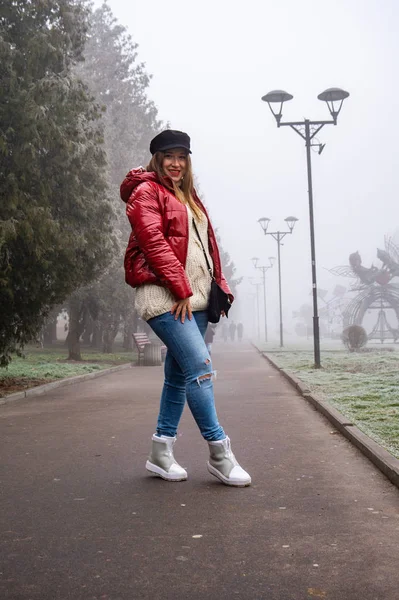 Young Beautiful Woman Red Jacket Walking Street — Stockfoto