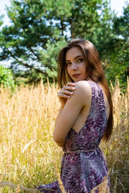 Gölün oradaki tahta iskelede poz veren siyah saçlı kadın. Sırtı Neusiedl Gölü 'nün tahta yaya köprüsüne dönmüş bir kadın. Arka plandaki kayıkhanede güneş yansımaları.