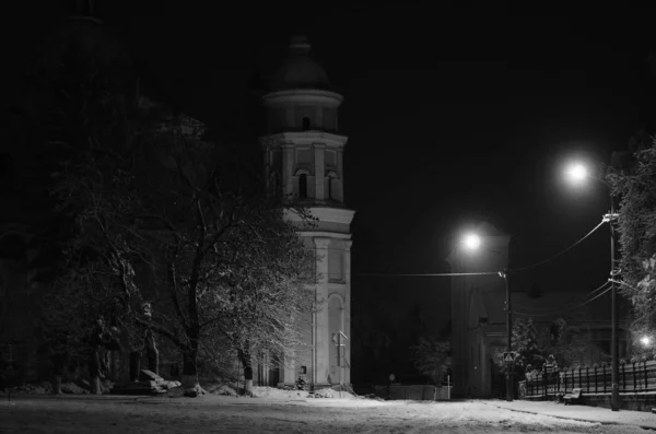 Paysage hivernal nocturne dans l'allée du parc de la ville — Photo