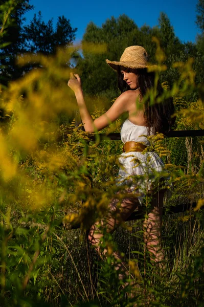 Belle Femme Vêtements Été Posant Sur Prairie Verte — Photo