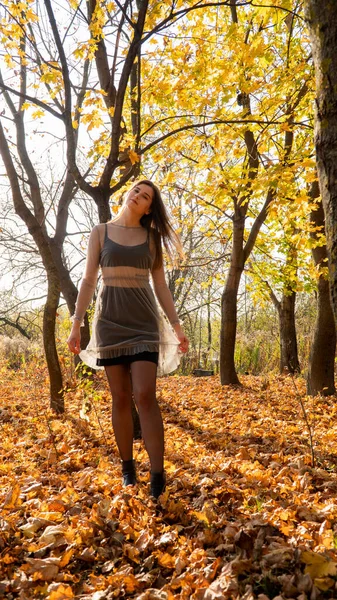 Νεαρή Όμορφη Γυναίκα Περπάτημα Στο Πάρκο Φθινόπωρο — Φωτογραφία Αρχείου
