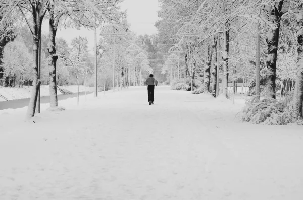 Kışın Soğuk Dağ Yolunda Kar Altında Koşan Adam — Stok fotoğraf
