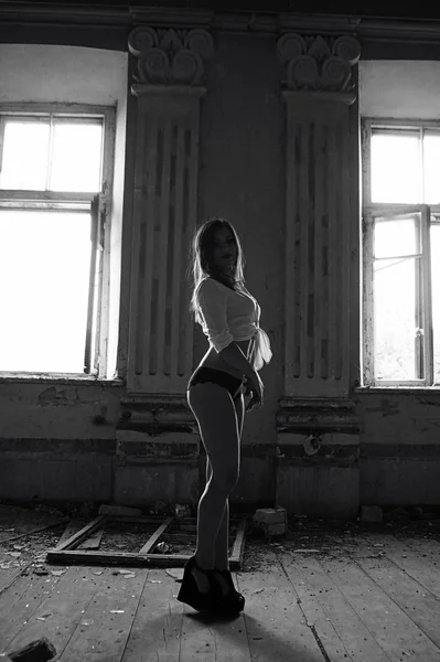 Sexy Brunette Woman Lingerie Posing Old Building — Stock Photo, Image