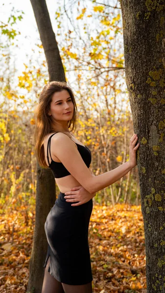 Jovem Bela Mulher Andando Parque Outono — Fotografia de Stock