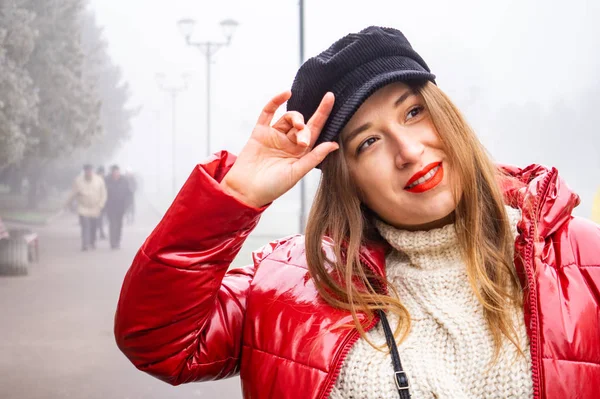 Young Beautiful Woman Red Jacket Walking Street — Stockfoto