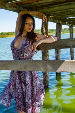 Gölün oradaki tahta iskelede poz veren siyah saçlı kadın. Sırtı Neusiedl Gölü 'nün tahta yaya köprüsüne dönmüş bir kadın. Arka plandaki kayıkhanede güneş yansımaları.