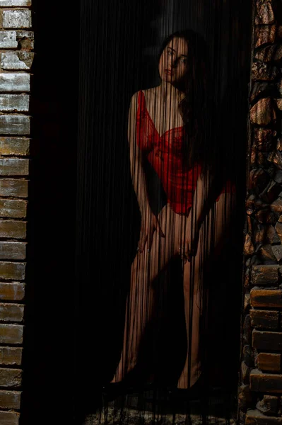 Bella donna bruna in posa in lingerie rossa su sfondo rosso. Bruna donna in posa in rosso body in studio. Adatto a una ragazza sportiva. Concetto di bellezza, moda e stile. San Valentino . — Foto Stock