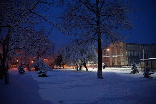 Verschneite Winterstadt in der Nacht. — Stockfoto