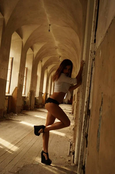 Sexy Brunette Woman Lingerie Posing Old Building — Stock Photo, Image