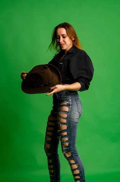 Beautiful Girl Ripped Jeans Cowboy Hat — Stockfoto