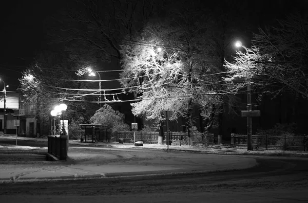 Paisaje nocturno de invierno en el callejón del parque urbano —  Fotos de Stock