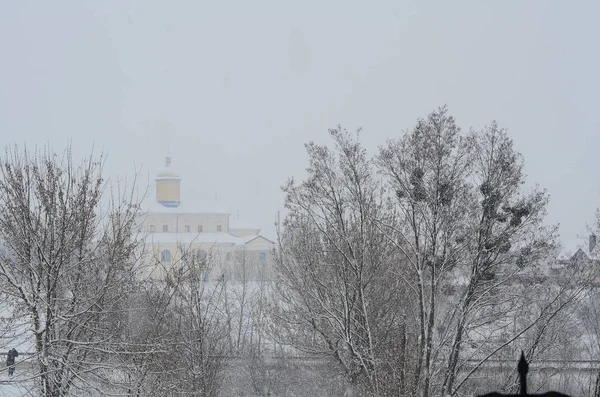 Landscape Snow Covered Hill Chapel Chapel George Sapun Hill Snowfall — Stock Photo, Image