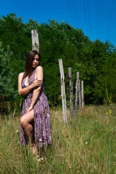 Mörkhårig kvinna poserar vid träpiren vid sjön. Kvinnan i sommarkläder med ryggen vänd sig till träspången vid sjön Neusiedl. Solreflektioner vid båthuset i bakgrunden. — Stockfoto