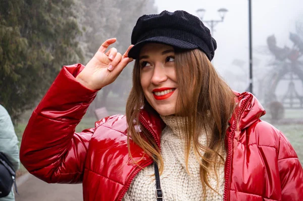 Young Beautiful Woman Red Jacket Walking Street — стоковое фото