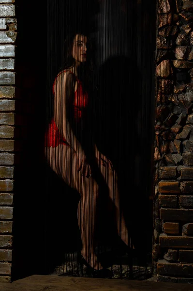 Schöne brünette Frau posiert in roten Dessous auf rotem Hintergrund. Brünette Frau posiert im roten Body im Studio. Fit sportliches Mädchen. Konzept von Schönheit, Mode und Stil. Valentinstag. — Stockfoto