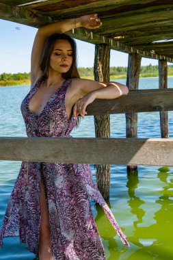 Gölün oradaki tahta iskelede poz veren siyah saçlı kadın. Sırtı Neusiedl Gölü 'nün tahta yaya köprüsüne dönmüş bir kadın. Arka plandaki kayıkhanede güneş yansımaları.