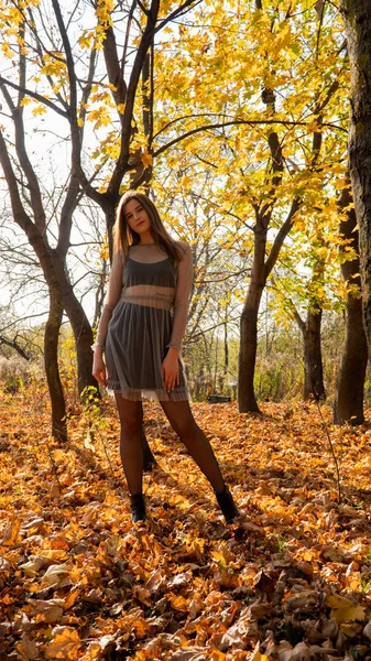 Jovem Bela Mulher Andando Parque Outono — Fotografia de Stock