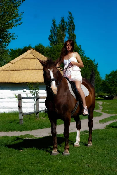 Jovem Atraente Posando Para Câmera Campo Sentado Cavalo — Fotografia de Stock