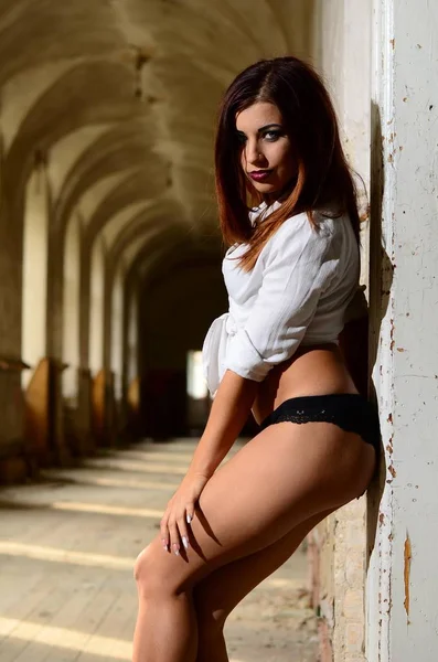 Sexy Brunette Woman Lingerie Posing Old Building — Stock Photo, Image