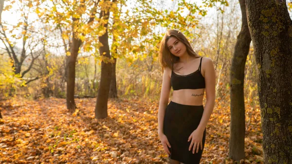 Junge Schöne Frau Spaziert Herbst Durch Den Park — Stockfoto