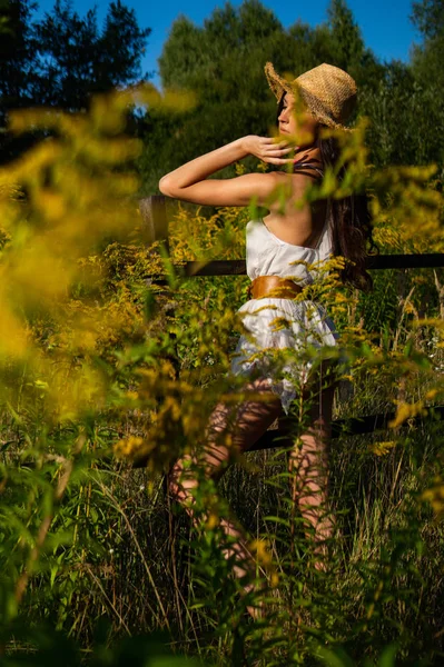 緑の草原にポーズをとる夏の服の美しい女性 — ストック写真