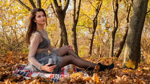 Young Beautiful Woman Glass Wine Park Autumn — Foto Stock