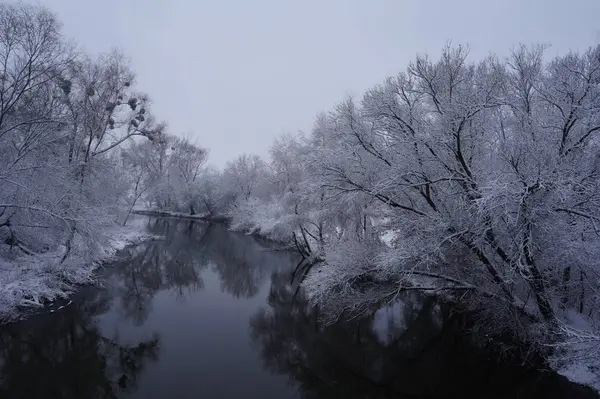 Зимний снежный речной пейзаж — стоковое фото