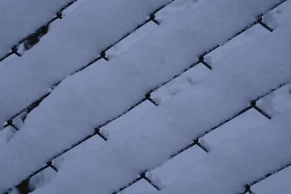 Rete di rete. Rabitz coperto di neve, sfondo, texture. Recinzione arrugginita Rabitz.fence fatta di rete metallica, rete coperta di bianco su sfondo di cielo blu — Foto Stock