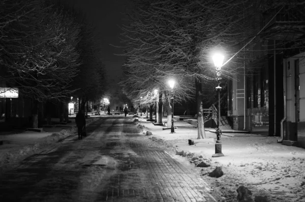 Paisaje nocturno de invierno en el callejón del parque urbano —  Fotos de Stock