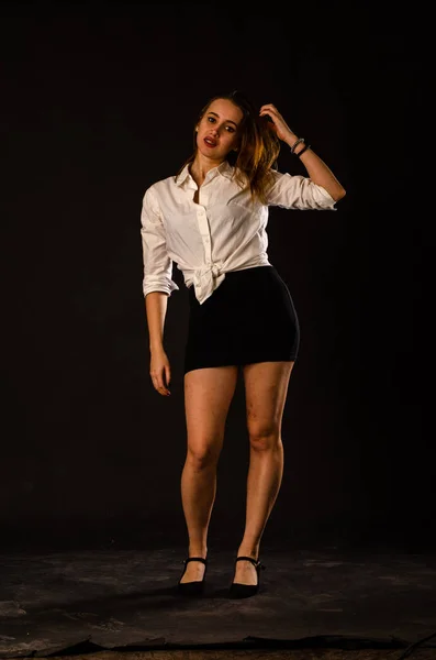 Beautiful Woman Black Skirt Posing Studio Isolated Dark Background — Fotografia de Stock