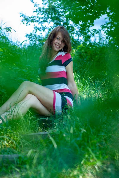 Beautiful Young Woman Green Dress Background Summer Landscape — Stok fotoğraf