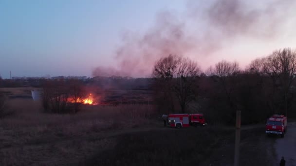 Aerial View Smoke Burning Field Farmland — Stock Video