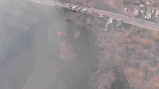 Aerial View Smoke Burning Field Farmland — Stock Video